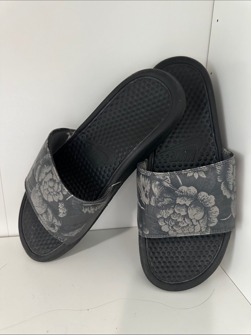 Nike Black Slides with Gray Floral Strap